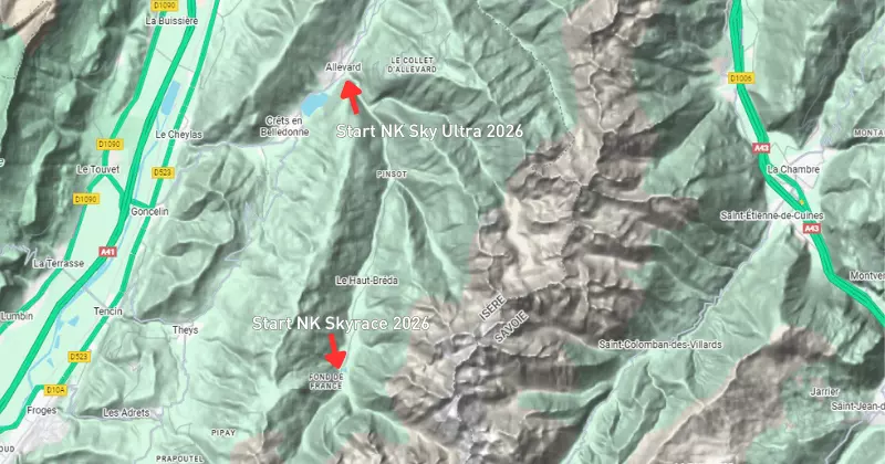 Een topografische kaart met twee rode pijlen die de startpunten aangeven voor de NK Sky Ultra 2024 bij Allevard en de NK Skyrace 2024 iets zuidelijker, waarop wegen, bergen en plaatsen in de omgeving zijn aangegeven.
